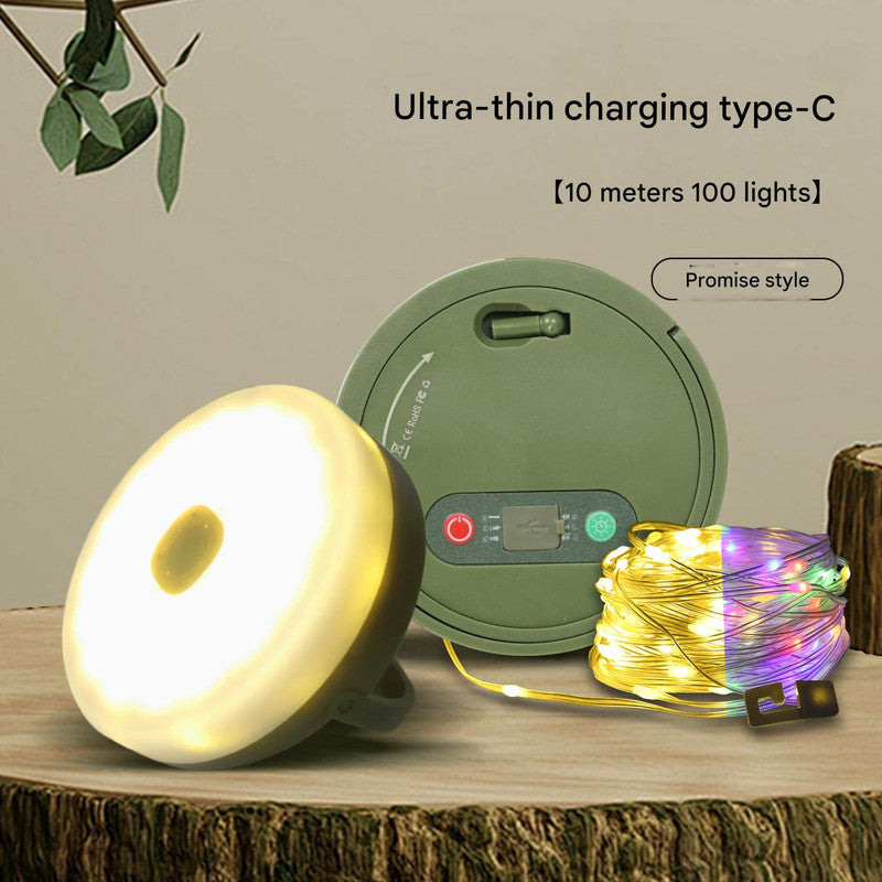 Green camping lantern hub with 10 m warm & colour string lights