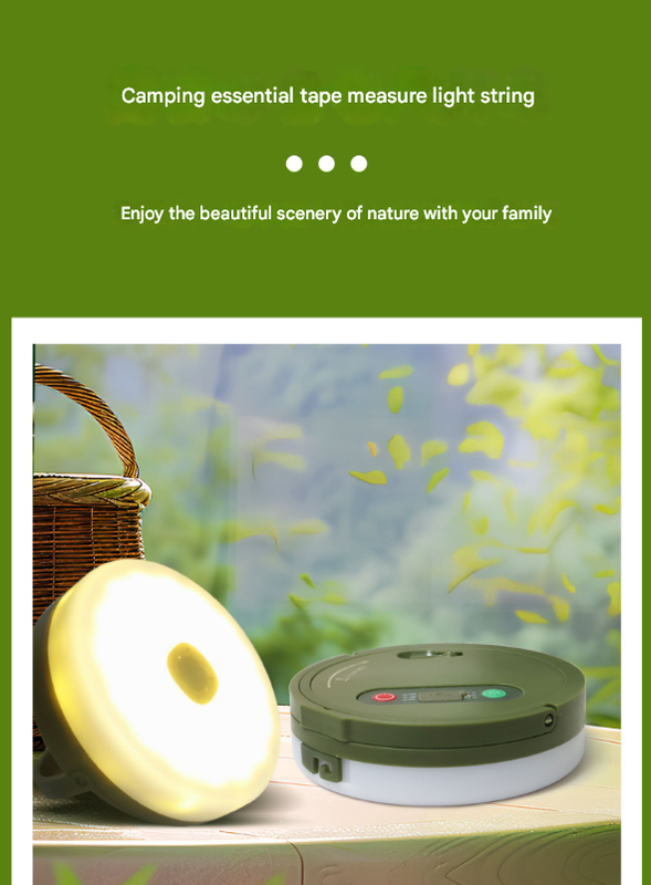 Green camping lantern and string lights outdoors