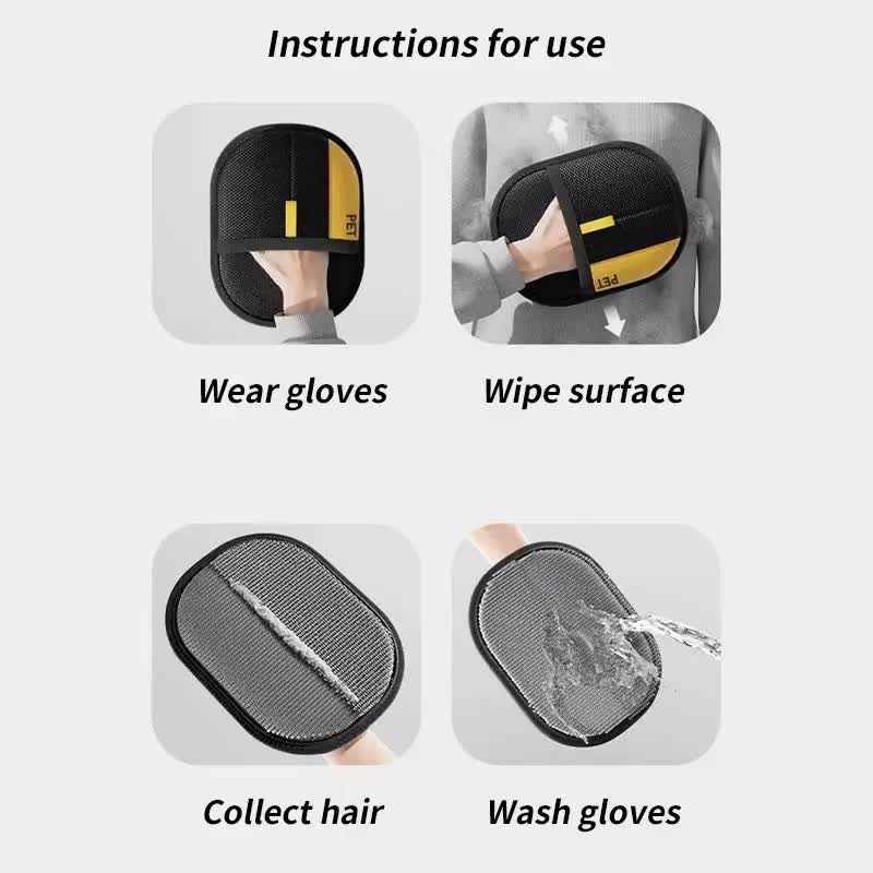 Pet hair mitt instructions showing wear, wipe, collect fur and wash