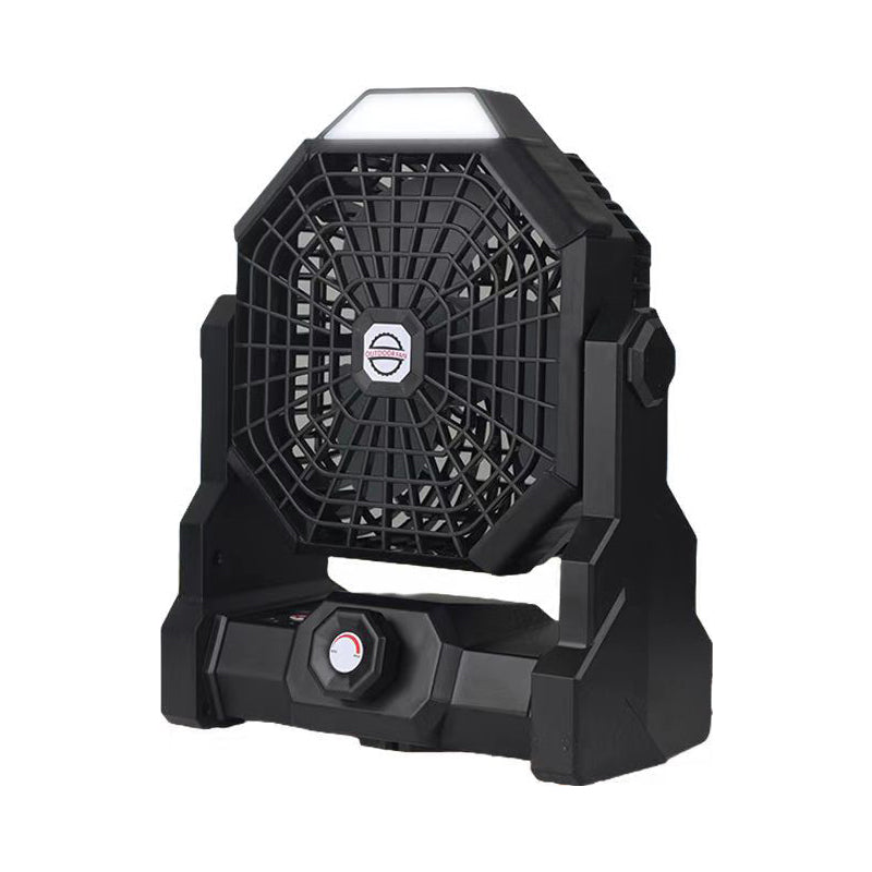 Black camping fan with an LED light and carry handle