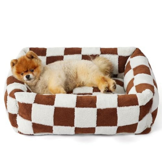 Brown and cream checkered pet bed with raised sides and a small dog; supplier design example