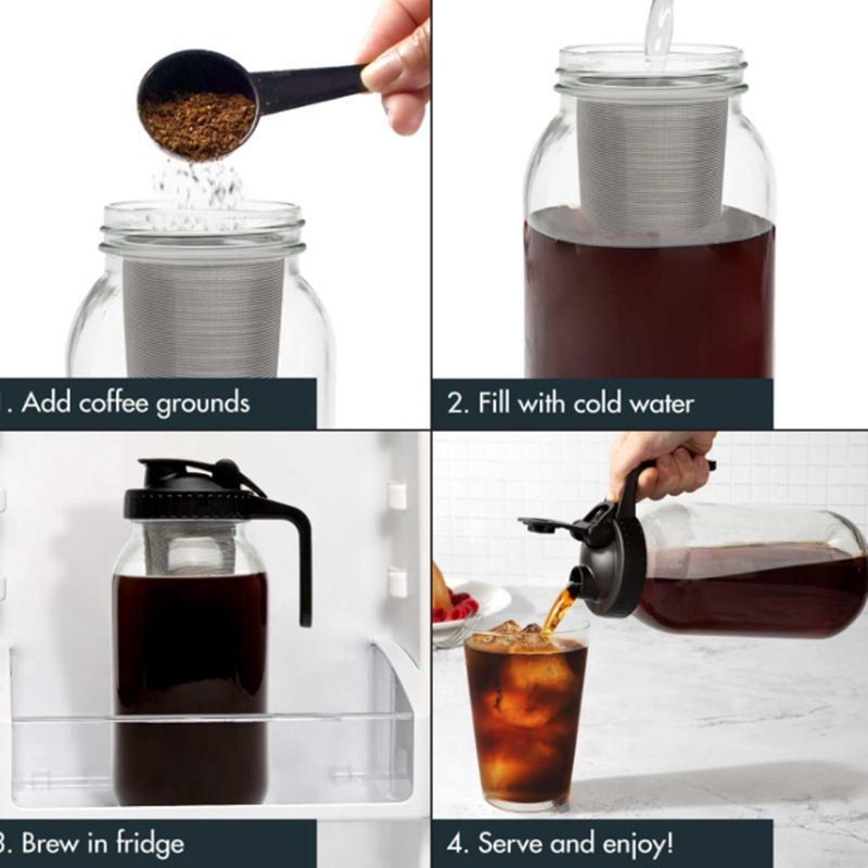 Four-step cold brew demonstration with coffee grounds, water, chilling and pouring