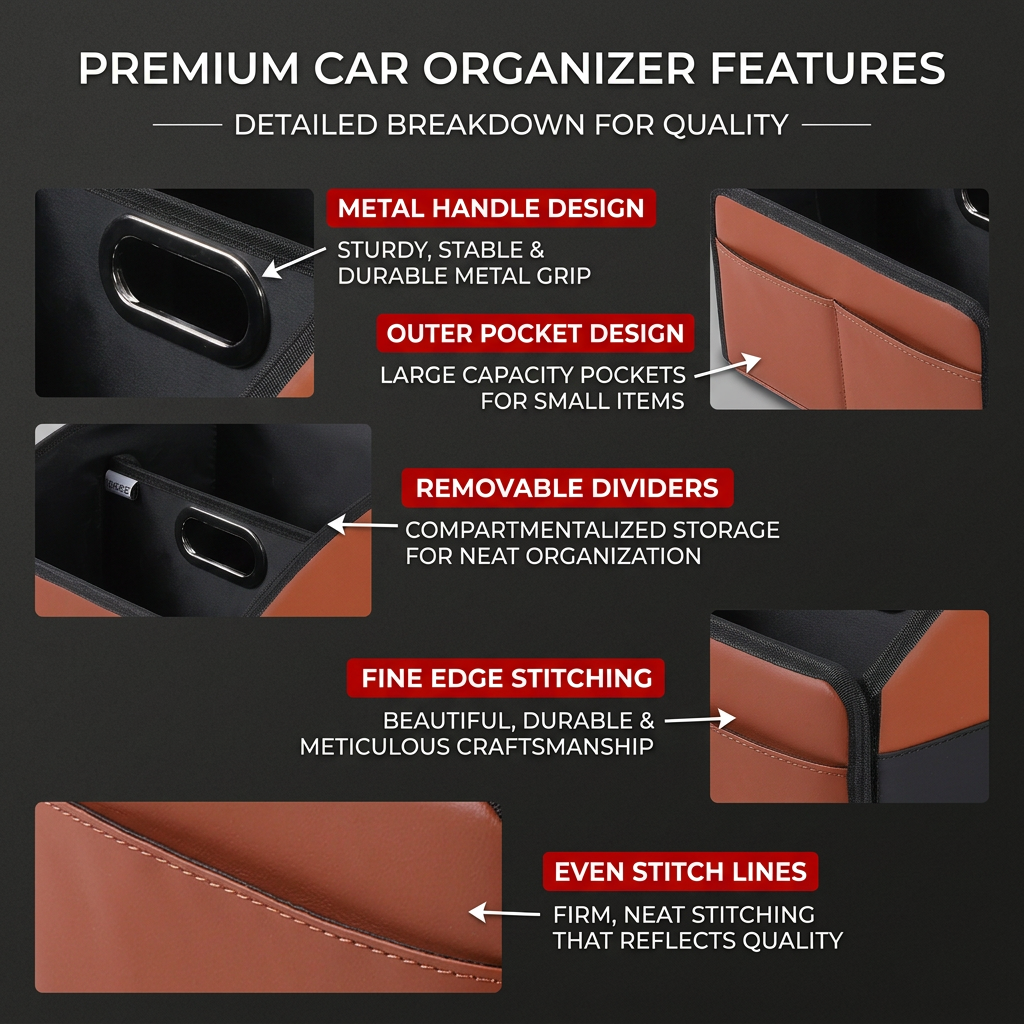 Black-brown organiser feature close-ups showing handles, outer pocket, divider and stitching