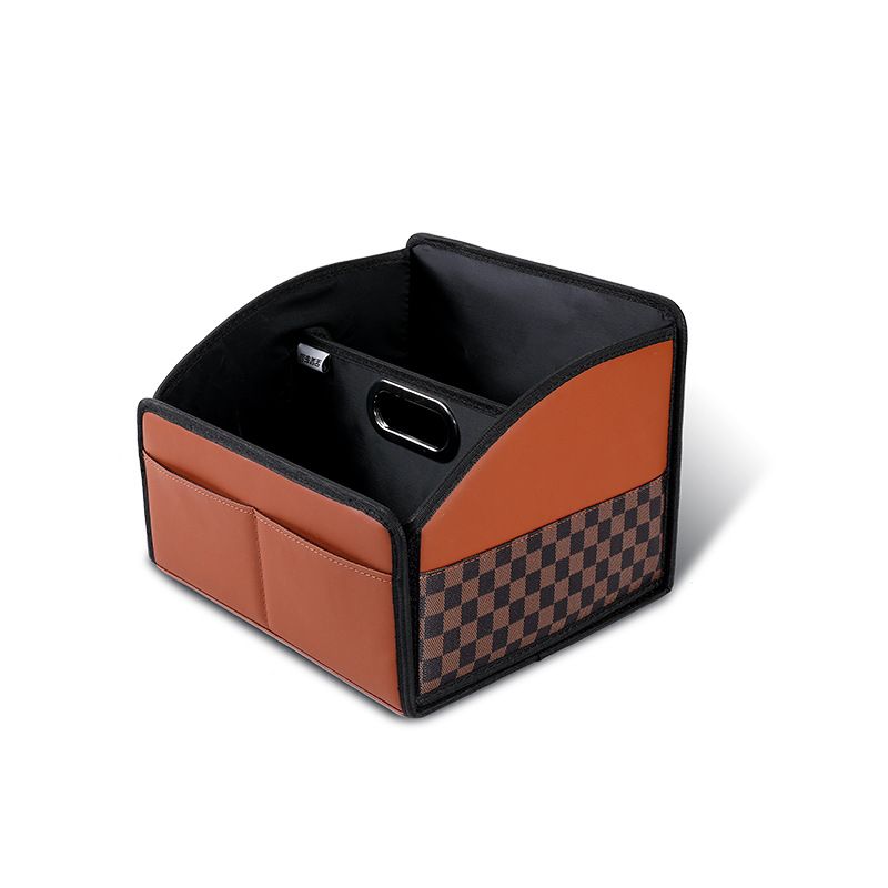 brown checkered foldable PU leather car boot organiser