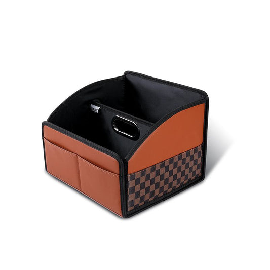 brown checkered foldable PU leather car boot organiser