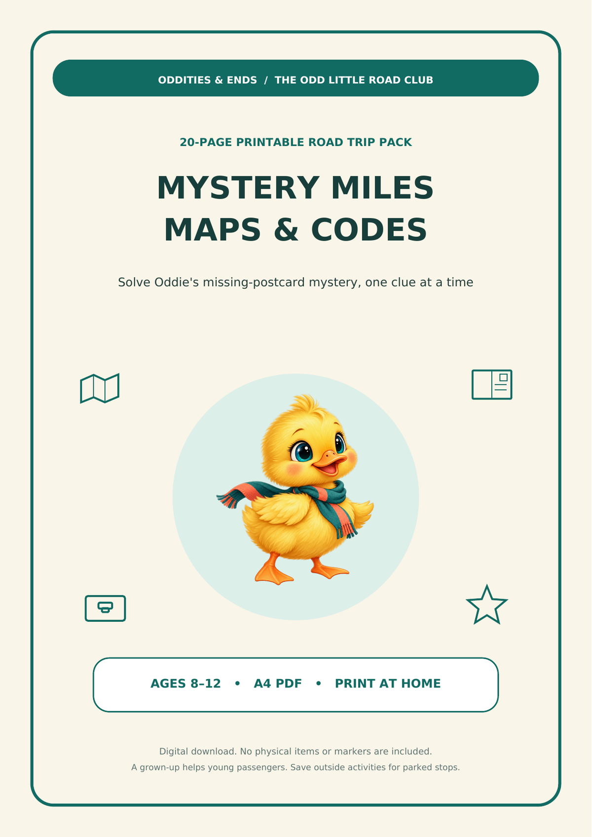 Mystery Miles Maps and Codes printable PDF cover with Oddie, ages 8 to 12