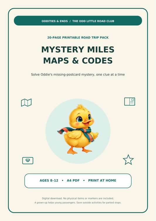 Mystery Miles Maps and Codes printable PDF cover with Oddie, ages 8 to 12