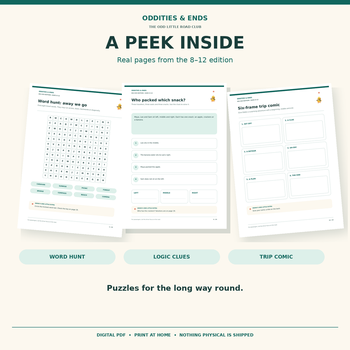 Big Kid Edition preview showing three real activity pages from the printable PDF