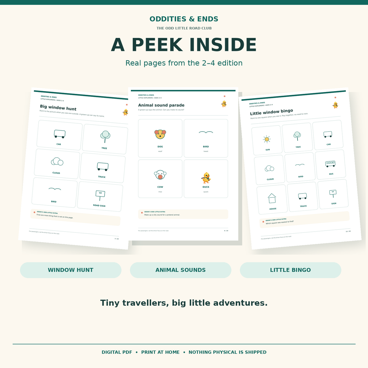 Little Explorers preview showing three real activity pages from the printable PDF