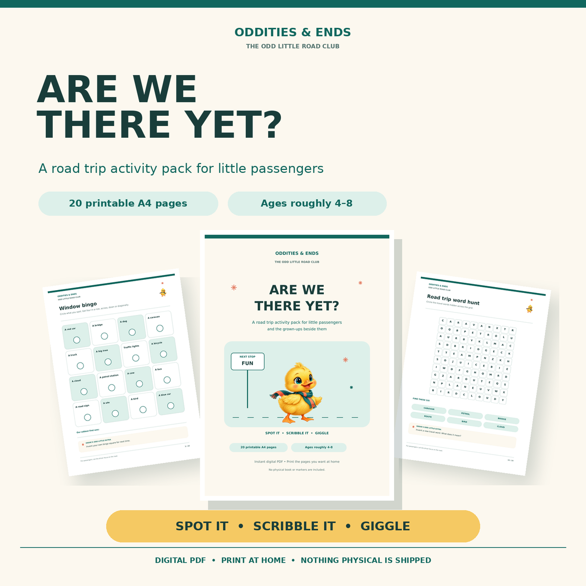 Are We There Yet printable road trip pack for ages 4 to 8, with example activity pages