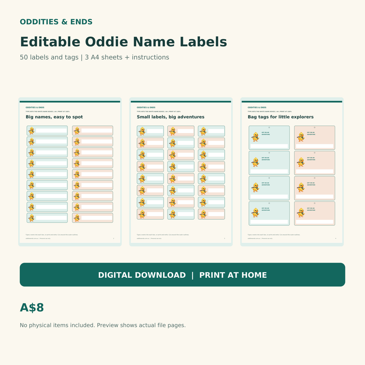 Actual printable pages from the Oddities & Ends labels digital download; no physical items included