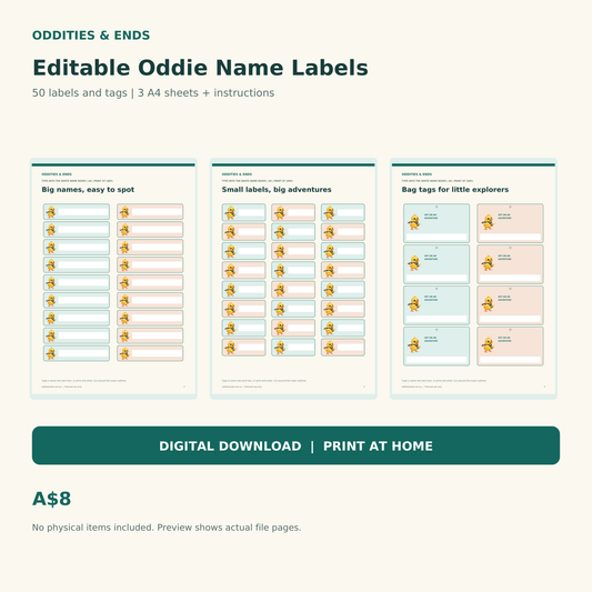 Actual printable pages from the Oddities & Ends labels digital download; no physical items included