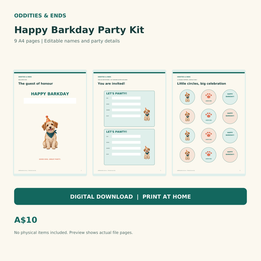 Actual printable pages from the Oddities & Ends party digital download; no physical items included