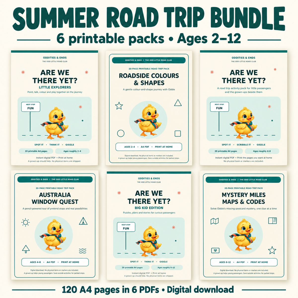 Summer Road Trip Bundle: Little Explorers, Roadside Colours & Shapes, Are We There Yet, Australia Window Quest, Big Kid Edition and Mystery Miles Maps & Codes. Six printable PDFs for ages 2–12.