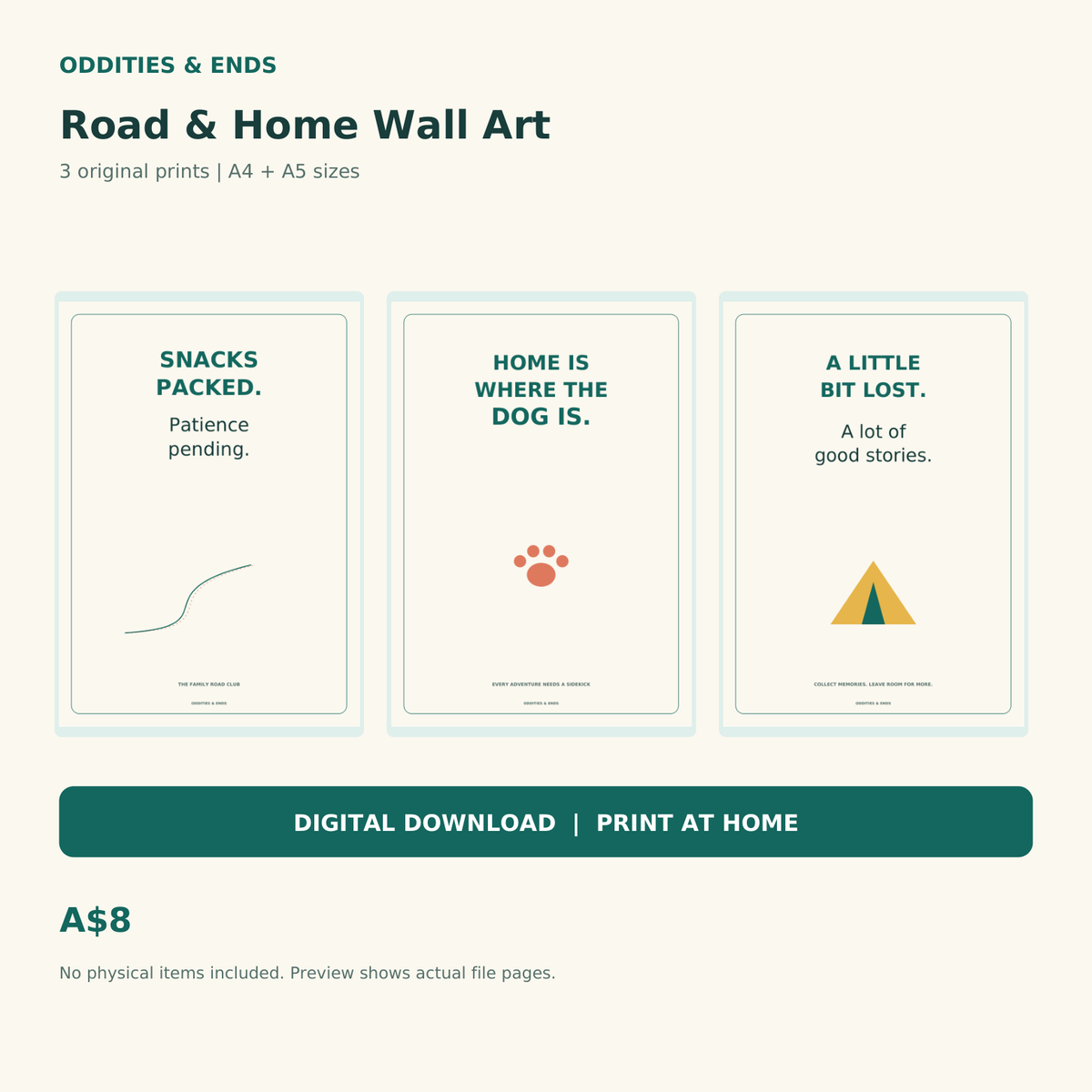 Actual printable pages from the Oddities & Ends wall-art digital download; no physical items included