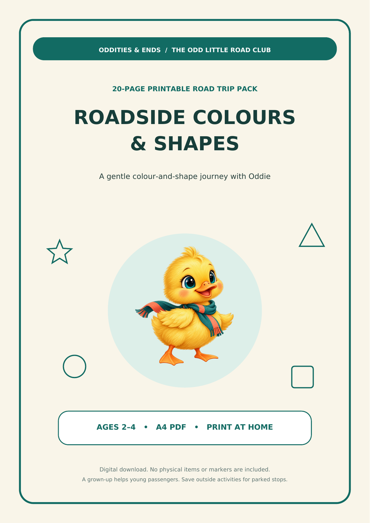 Roadside Colours and Shapes printable PDF cover with Oddie, ages 2 to 4