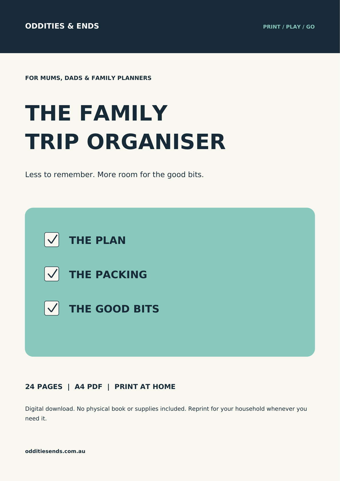 The Family Trip Organiser - cover of the 24-page printable PDF